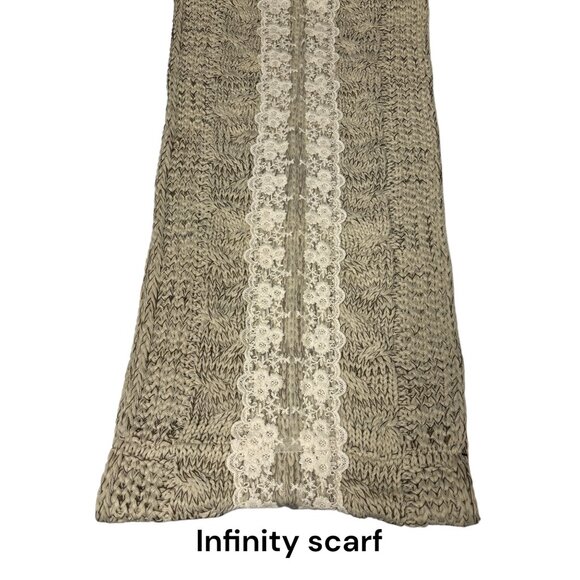 Knitted Infinity Scarf With Lace Trim For Women 100% Acrylic & Polyester Beige - Picture 1 of 4